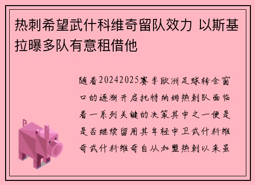 热刺希望武什科维奇留队效力 以斯基拉曝多队有意租借他