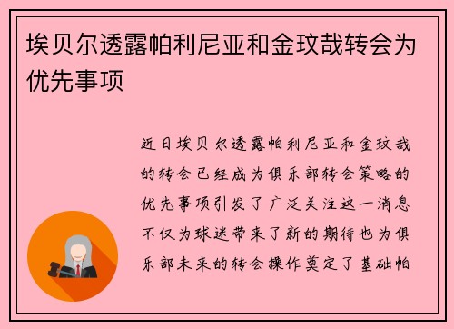 埃贝尔透露帕利尼亚和金玟哉转会为优先事项